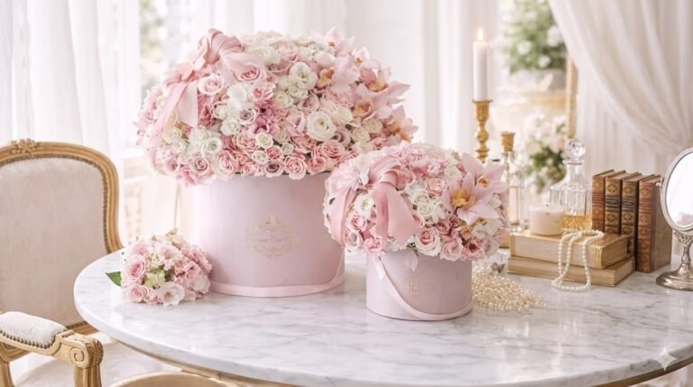 compositions-florales-luxe-boîtes-rondes-roses-blanches-fleurs-élégantes-Jardin-d’Atlas